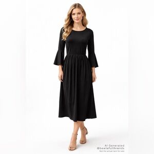 Black Bell Sleeve Midi Dress Parisian Minimalist Soft Girl Pockets